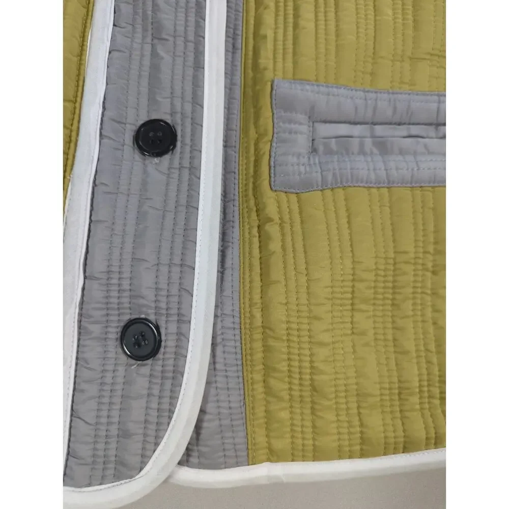 Quilted Colorblock Jacket Womens Olive Gray White Trim Boxy Cropped Coat